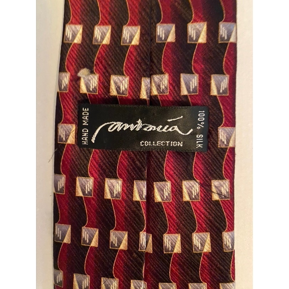 Antonia Collection Mens Silk‎ Tie Burgundy Black Geometric Square Pattern Hand